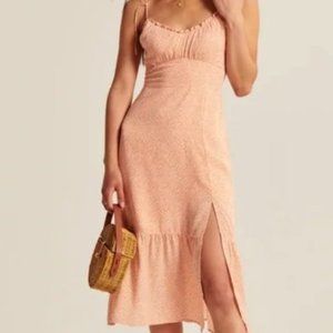 Abercrombie & Fitch Tie-Strap Ruched Midi Dress in Coral